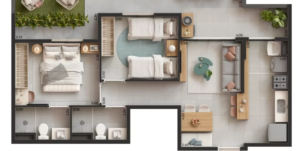 Planta com garden 2 quartos