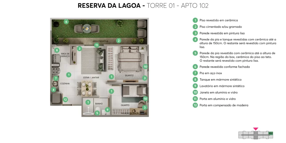 Reserva da Lagoa Planta 43,76m² - torre 1 - apto 102
