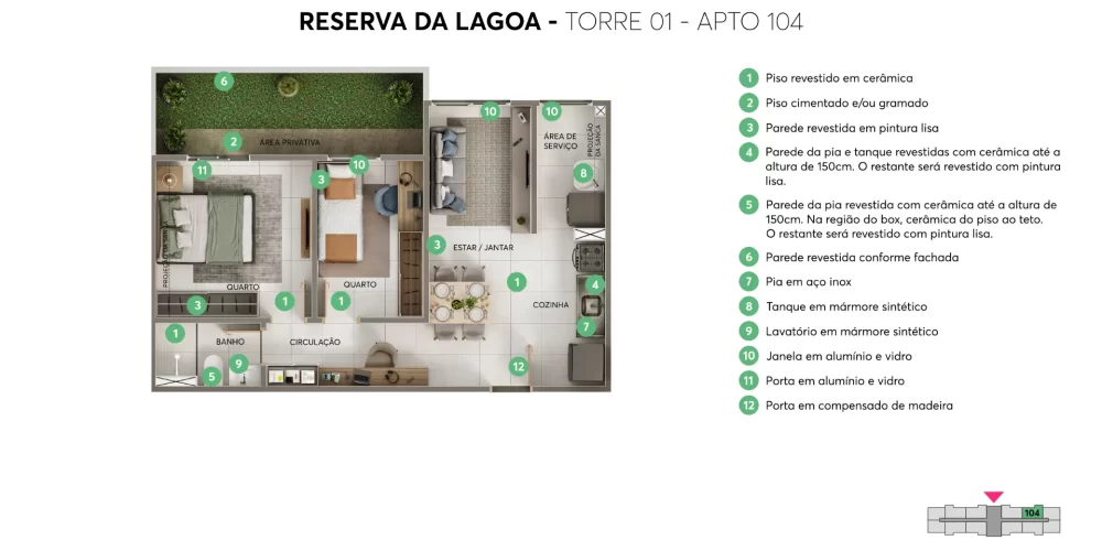 Reserva da Lagoa Planta 43,76m² - torre 1 - apto 104