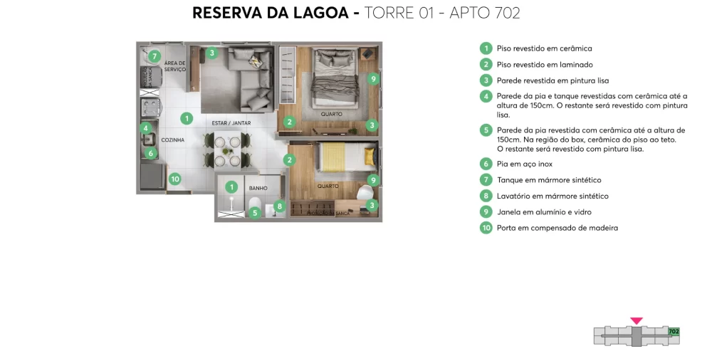 Reserva da Lagoa Planta 43,76m² - torre 1 - apto 702