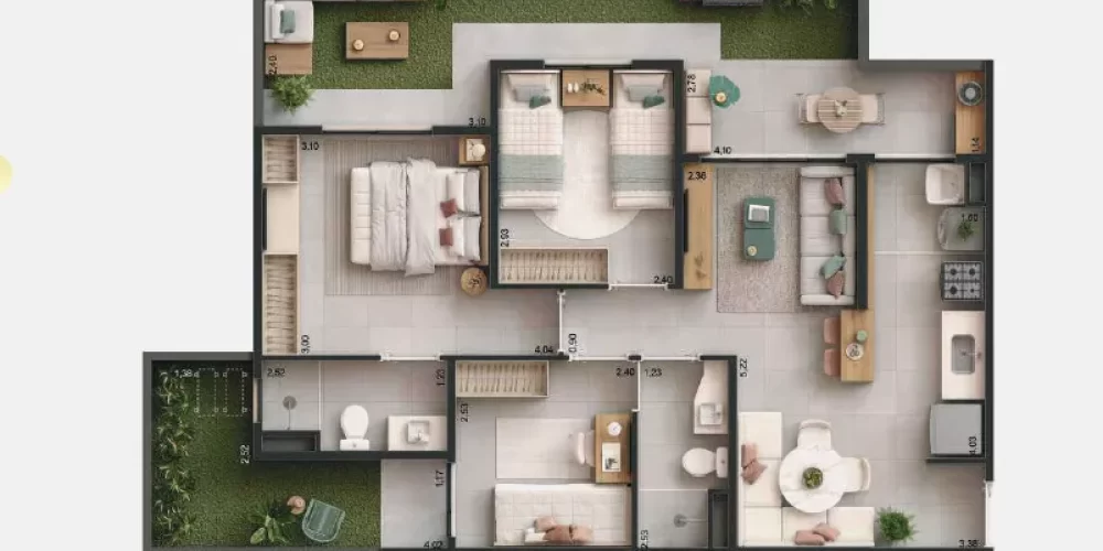 Planta 3 quartos com garden